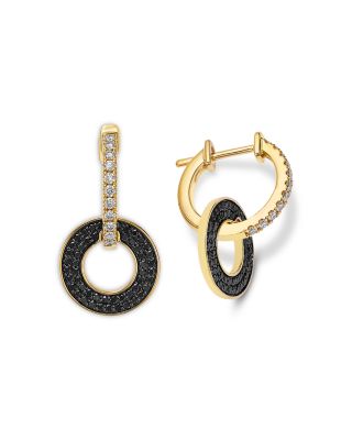 Black & White Diamond Circle Drop Earrings in 14K Yellow Gold, 0.9 tcw
