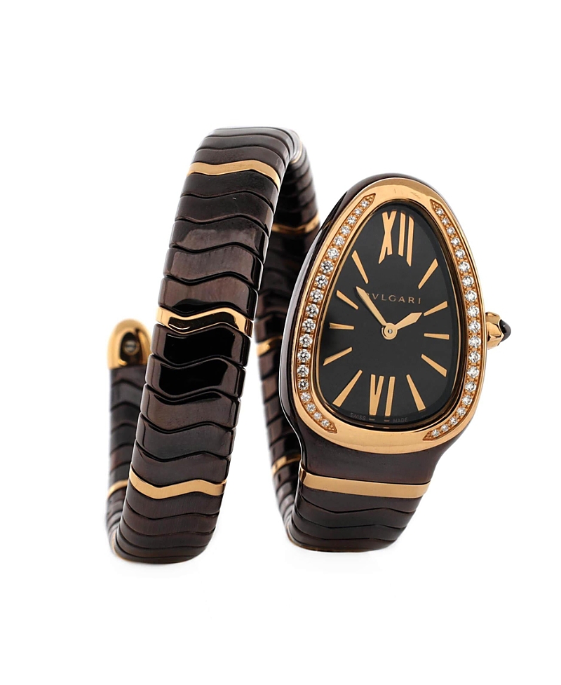 Pre-owned Pre-owned Bvlgari Bvlgari Serpenti Spiga Single Spiral Quartz Watch In Ceramic And Rose Gold With Diamond Be In Black