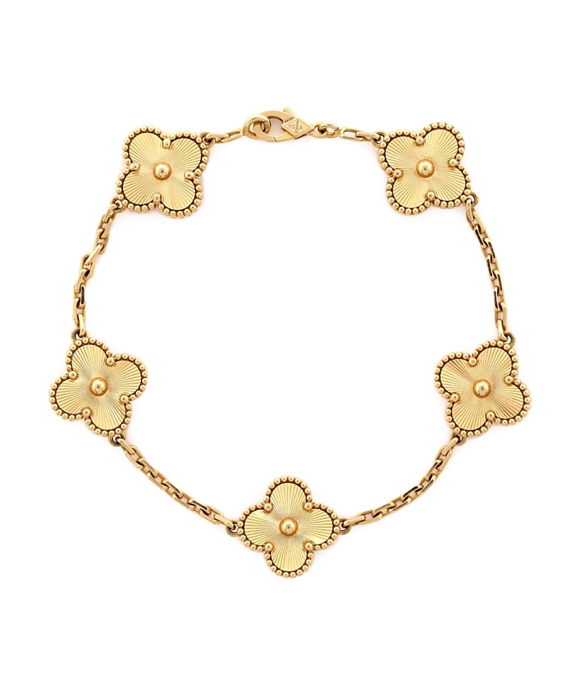 Pre-owned Pre-owned Van Cleef & Arpels Van Cleef & Arpels Vintage Alhambra 5 Motifs Bracelet Guilloche 18k Gold