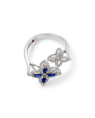 18K White Gold Diamond Princess Outline Blue Sapphire & Diamond Flower Bypass Ring