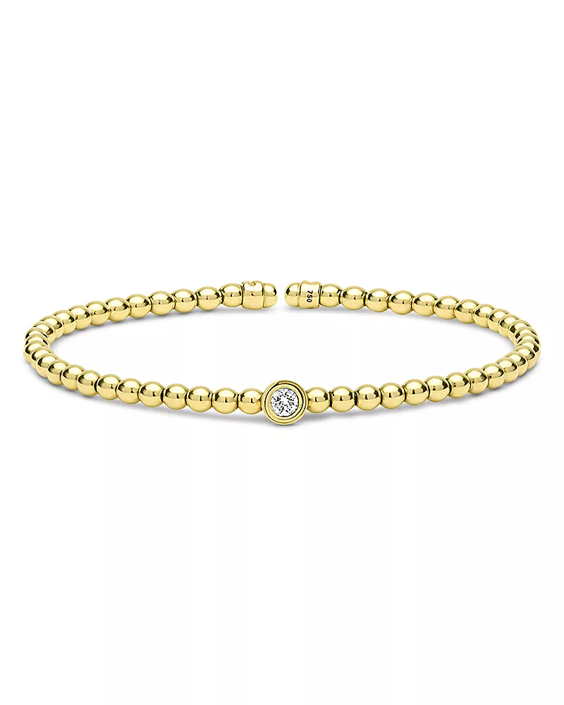 Lagos 18K Yellow Gold Caviar Gold Diamond Bezel Bead Flex Bangle Bracelet
