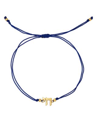 14K Yellow Gold Midi Bitty Symbols Chai Blue Cord Slider Bracelet