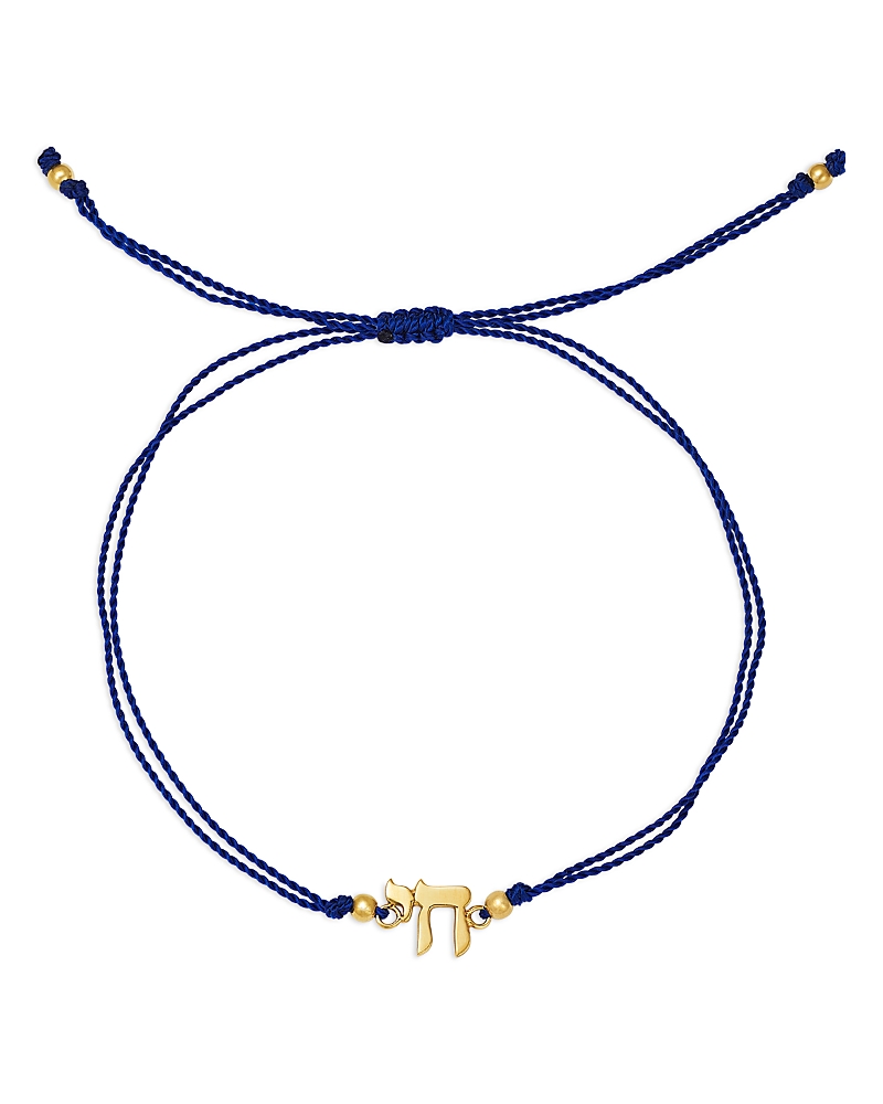 Zoë Chicco 14k Yellow Gold Midi Bitty Symbols Chai Blue Cord Slider Bracelet In Gold