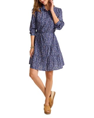 Blue Sea Floral Long Sleeve Shirt Dress