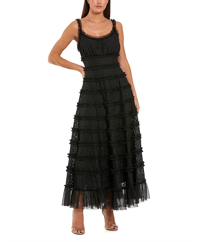 Mac Duggal Sleeveless Lace A Line Midi Dress With Ruffles