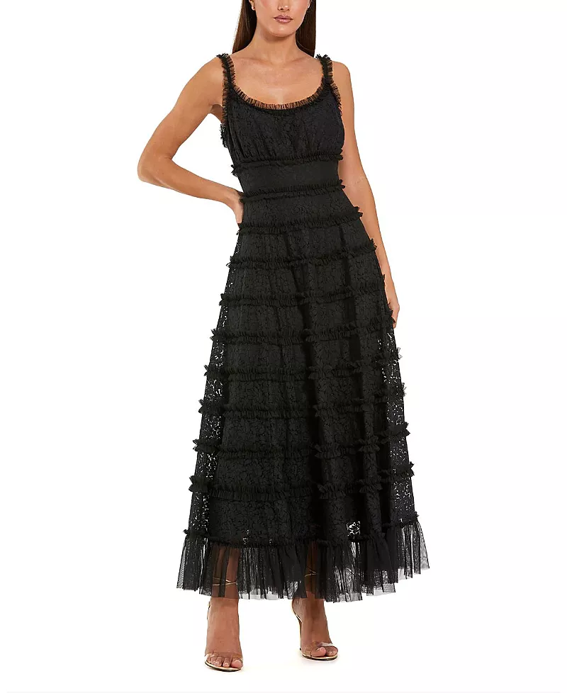 Mac Duggal Sleeveless Lace A Line Midi Dress With Ruffles