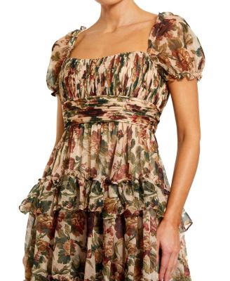 Chiffon Puff Sleeve A Line Midi Dress with Ruffles