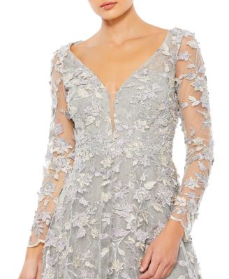 Floral Applique Long Sleeve Illusion Gown