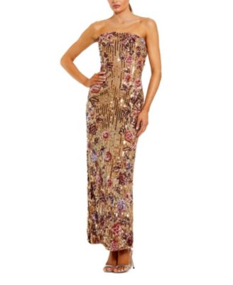  Floral Sequin Strapless Column Ankle Dress