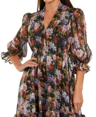 Chiffon 3/4 Sleeve A Line Midi Dress With Ruffles