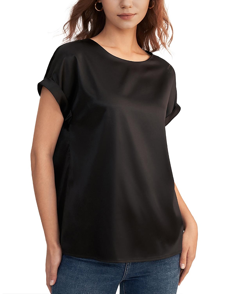 Lilysilk Short Sleeves Round Neck Silk Tee In Black
