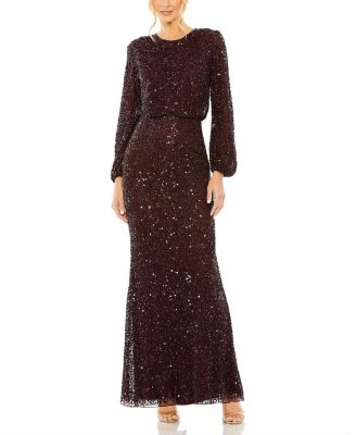 High Neck Long Sleeve Beaded Blouson Gown
