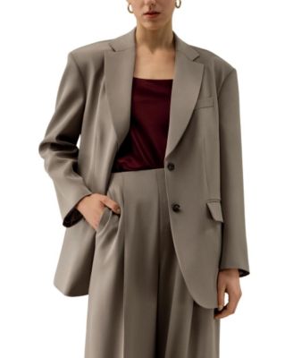Oversized Padded-Shoulder Silk Blazer
