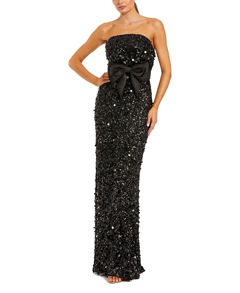 Mac Duggal Strapless Sequin Column Evening Gown With Bow In Black