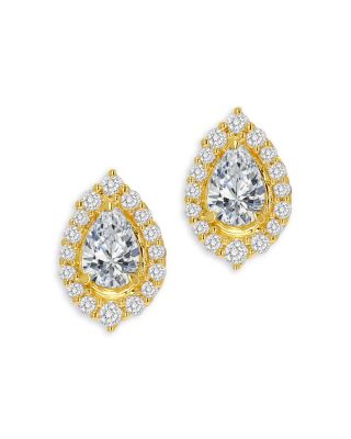 14K Yellow Gold White Topaz Pear Halo Stud Earrings
