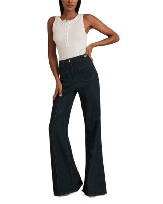 Petite Sakura Patch Pocket High Rise Flare Jeans in Dark Blue