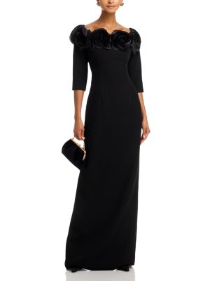 Crepe 3D Flower Off the Shoulder Three Quarter Length Sleeved Gown