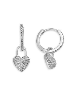 Diamond Heart Charm Huggie Hoop Earrings in 14K White Gold, 0.27 tcw