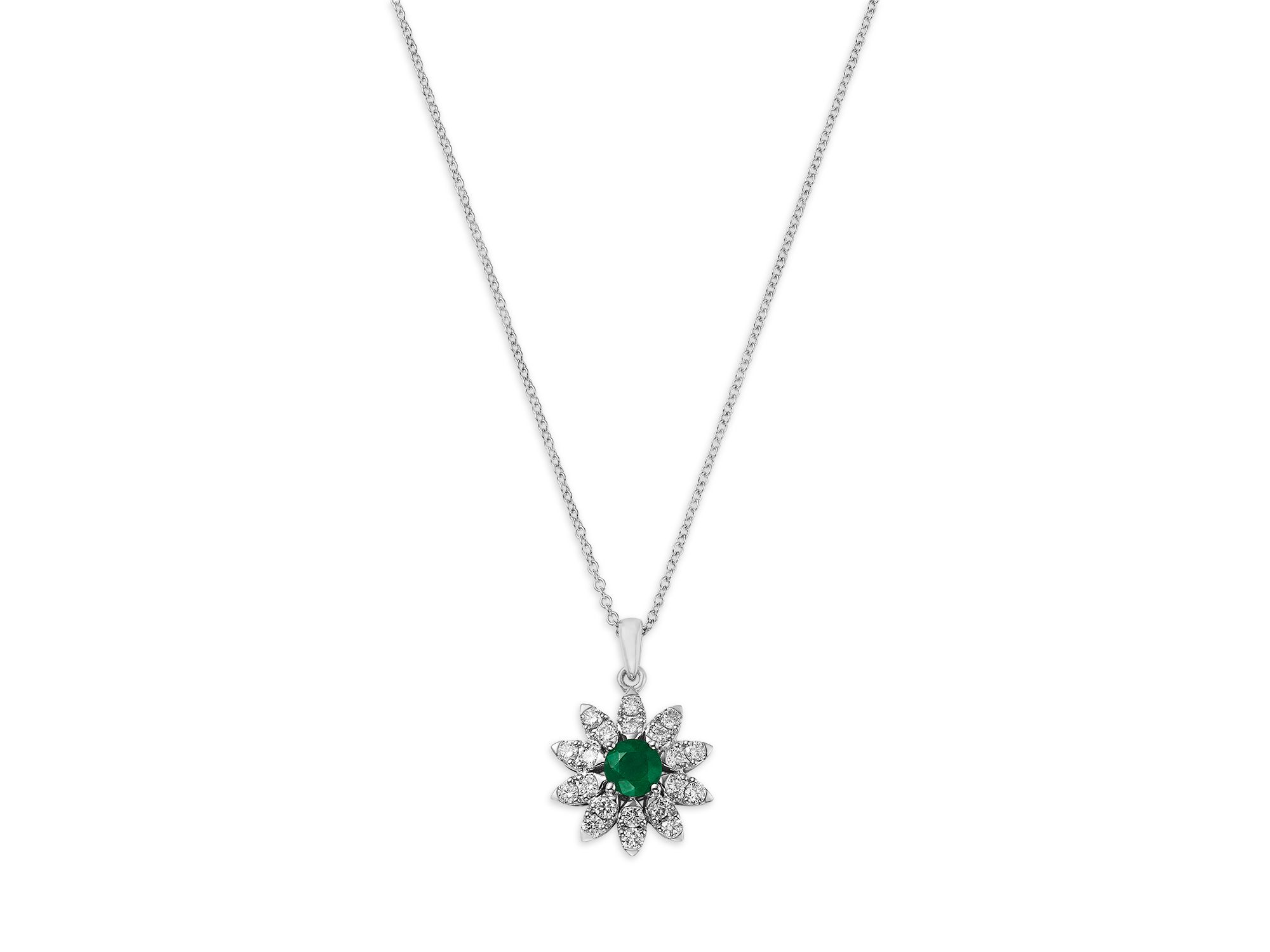 Emerald & Diamond Flower Pendant Necklace in 14K , 16-18" - Image 1