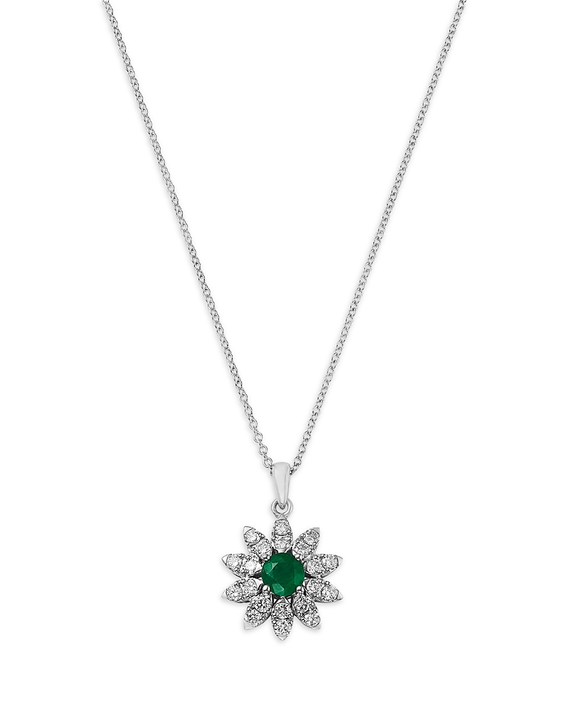 Bloomingdale's Fine Collection Emerald & Diamond Flower Pendant Necklace in 14K White Gold, 16