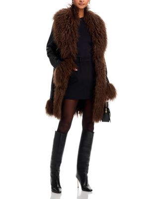 Dorothy Leather & Shearling Trim Midi Coat