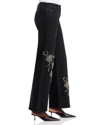 Lyla Beaded Floral Wide Leg Jeans in Black