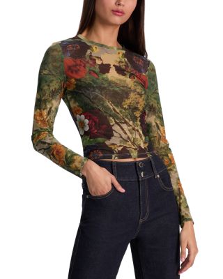 Delaina Printed Mesh Long Sleeve Top