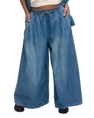 Wide Leg Drawstring Denim Maternity Pants in Med Wash