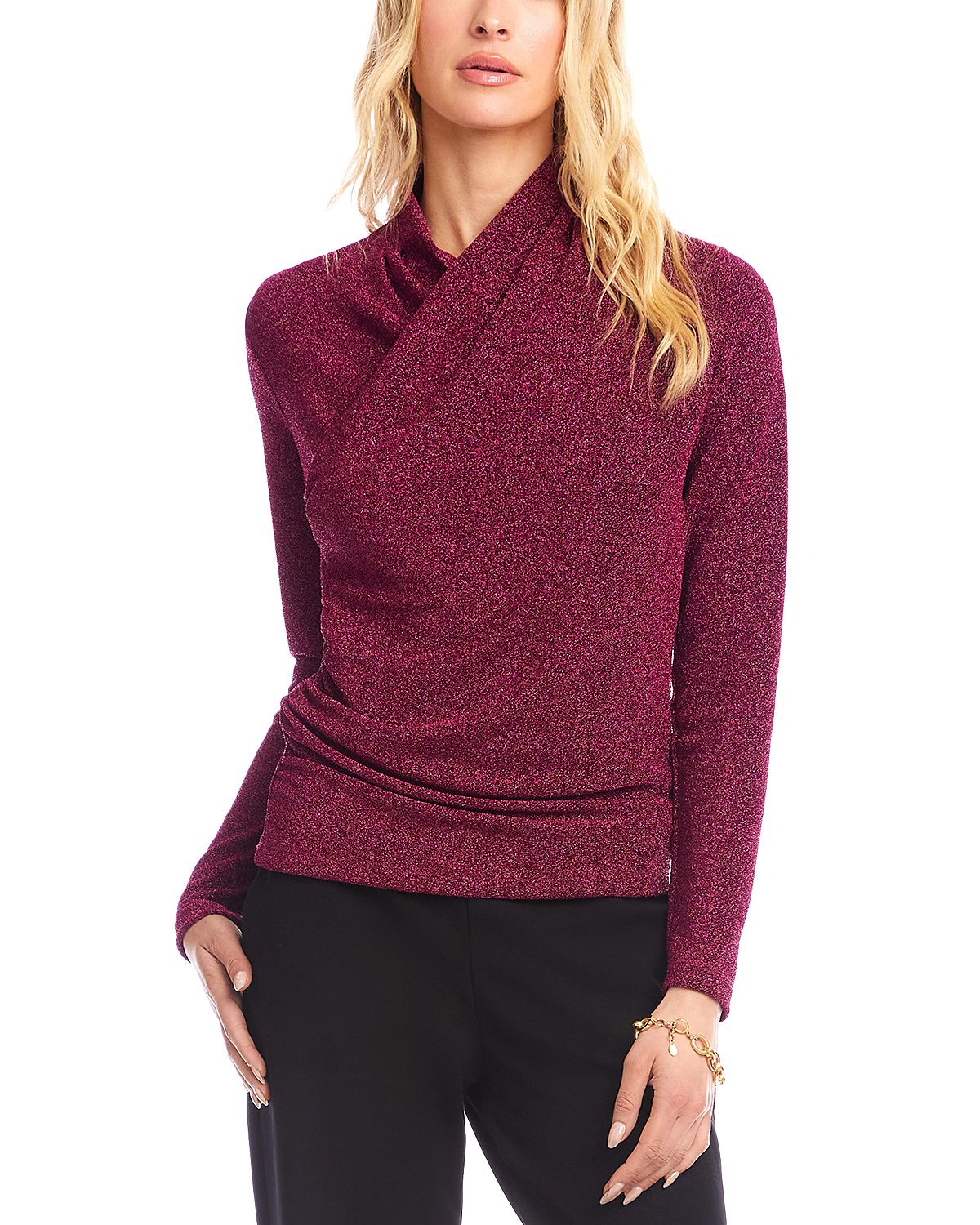 Karen Kane Petite Long Sleeve Metallic Crossover Side Shirred Top