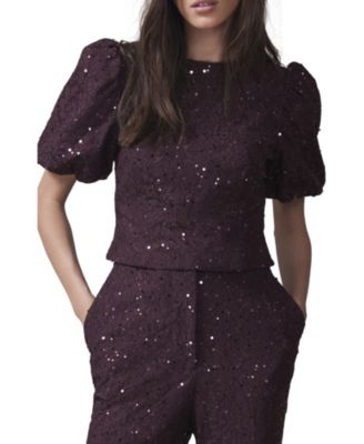 Women's Sequin Lace Puff Sleeve Top
