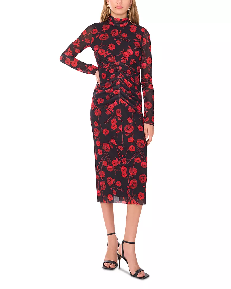 1.state Long Sleeve High Neck Mesh Midi Dress