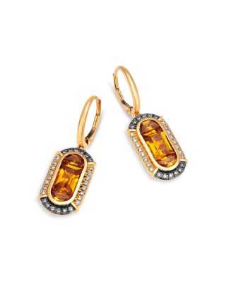Citrine & Champagne and Brown Diamond Halo Drop Earrings in 14K Yellow Gold