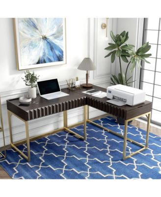 Prelli Steel Base Adjustable Lift Top L-Shaped Writing Desk with USB Ports and Outlets