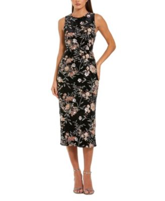  Embroidered Velvet High Neck Sleeveless Midi Dress