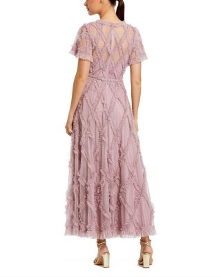  Mesh High Neck Short Sleeve Ruffle Ankle Dress