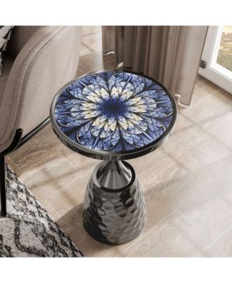 Knoll 16" Iron Round End Table with Geometric Pattern Top and Hammered Base