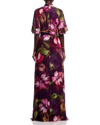Floral Flutter Sleeve Mock Neck Gown 