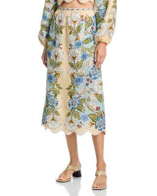 Garden Scarf Print Linen Midi Skirt