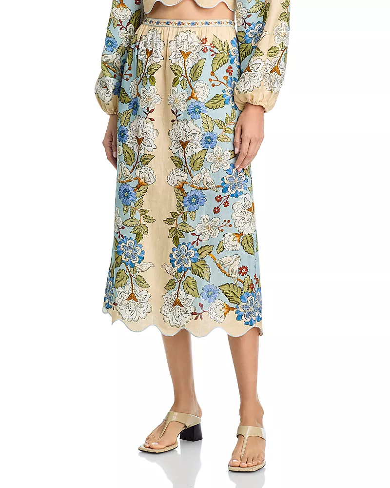 Farm Rio Garden Scarf Print Linen Midi Skirt