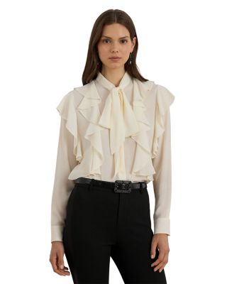Ruffle Trim Georgette Tie Neck Blouse