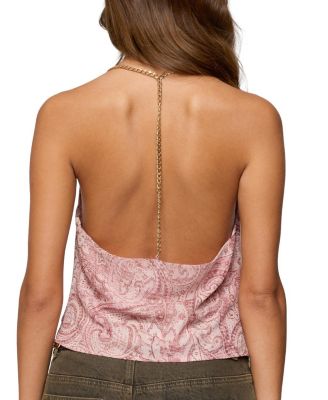 Printed Halter Chain Cowl Neck Top