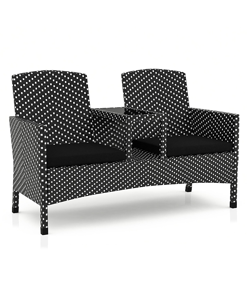 Furniture Of America Outdoor Pe Wicker Patio Conversation Loveseat With Built-in Glass End Table In Black