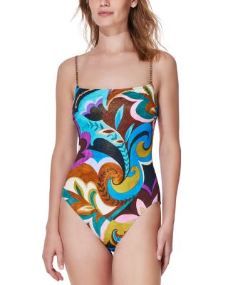 Chain Strap Shimmer Print One Piece Swimsuit