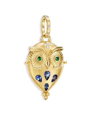 18K Yellow Gold FJ Tanzanite, Tsavorite, &amp; Diamond Night Owl Locket Pendant