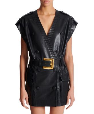  Lambskin Leather Short Belted Dress