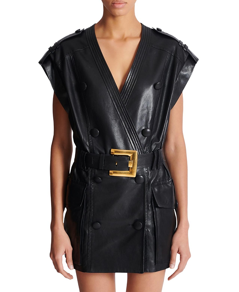 Balmain Lambskin Leather Short Belted Dress In Black