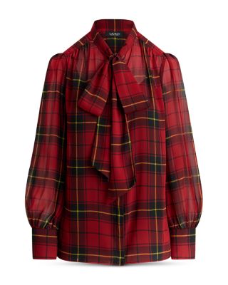 Checked Plaid Georgette Tie Neck Blouse