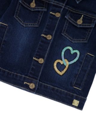 Girls' Stretch Denim Jacket with Glittery Hearts and Unicorn - Big Kid