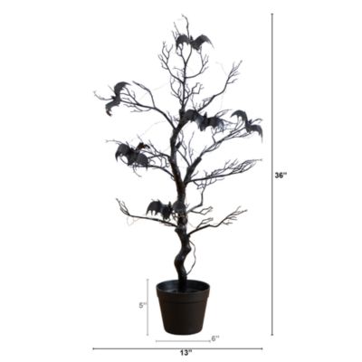 3' Pre-Lit Artificial Halloween Black Spooky Twig Tree with Bats and 100 Orange & Purple LED Lights