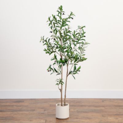 5&#39; Artificial Minimalist Olive Tree in White Decorative Planter